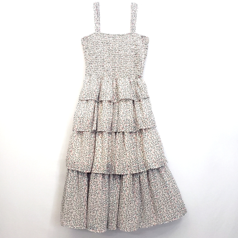 Nwot Kit & Sky Smocked Sleeveless Floral Ruffle tiers Midi Sundress